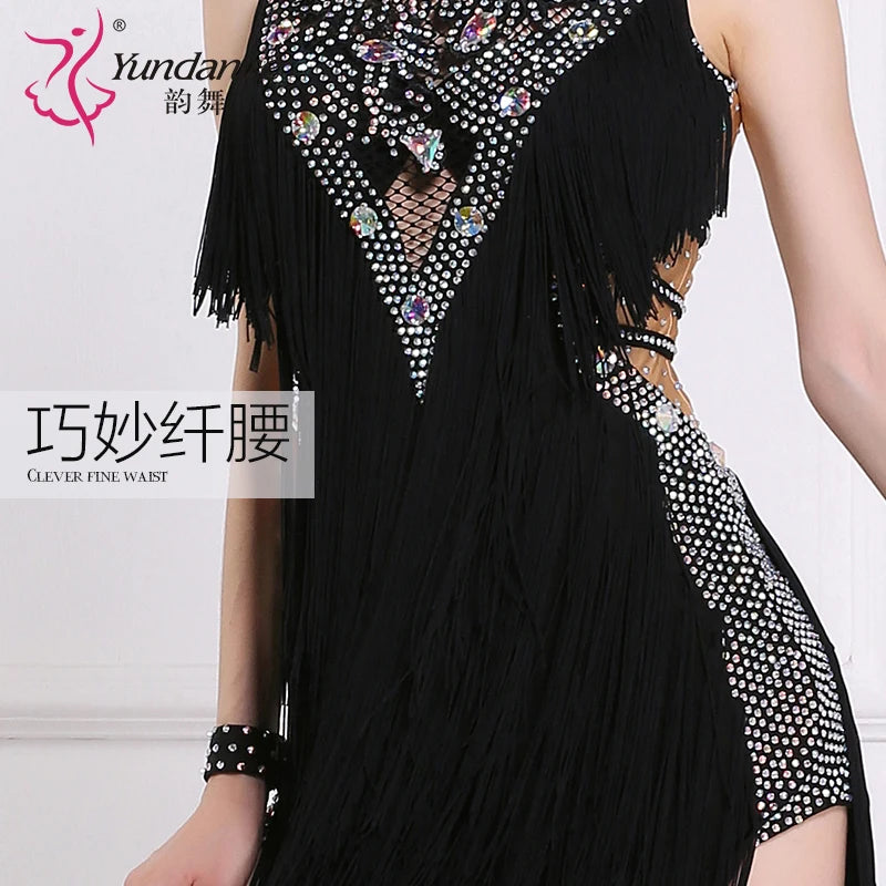 Women's Backless Latin Ballroom Dance Dress With Rhinestones And Tassel Fringe For Performance