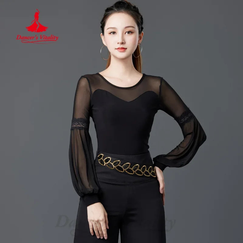 Women's Black Mesh Long Sleeve Blouse with Lace Detail for Latin Dance
