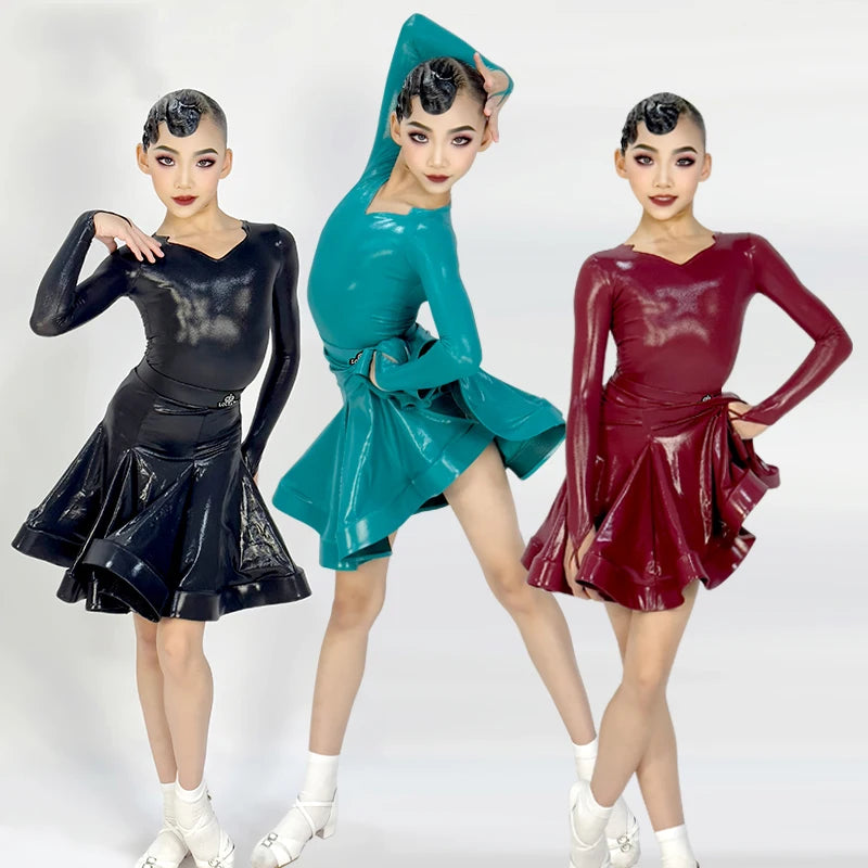 Girls' Latin Dance Dress, Patent Leather, Long Sleeve, V-Neck, Ballroom & Latin Dance