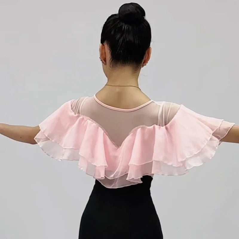 Women's Pink Ruffle Off-Shoulder Sheer Mesh Dance Top - Ballroom