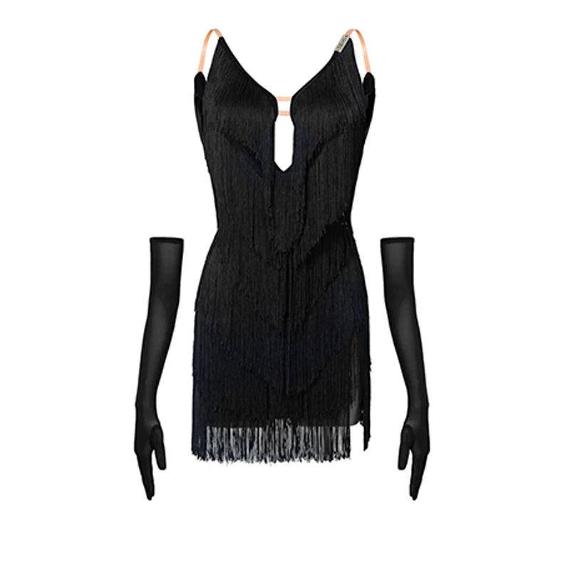 Women's Black Fringe Deep V-Neck Mini Latin Dance Dress with Gloves