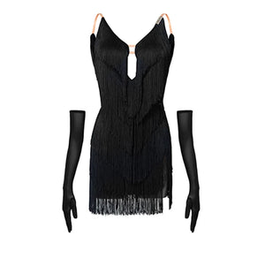 Women's Black Fringe Deep V-Neck Mini Latin Dance Dress with Gloves