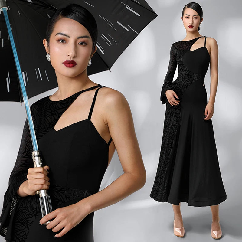 Women's Black Asymmetrical One-Shoulder Mesh Panel Leaf Pattern Latin Ballroom Dance Dress