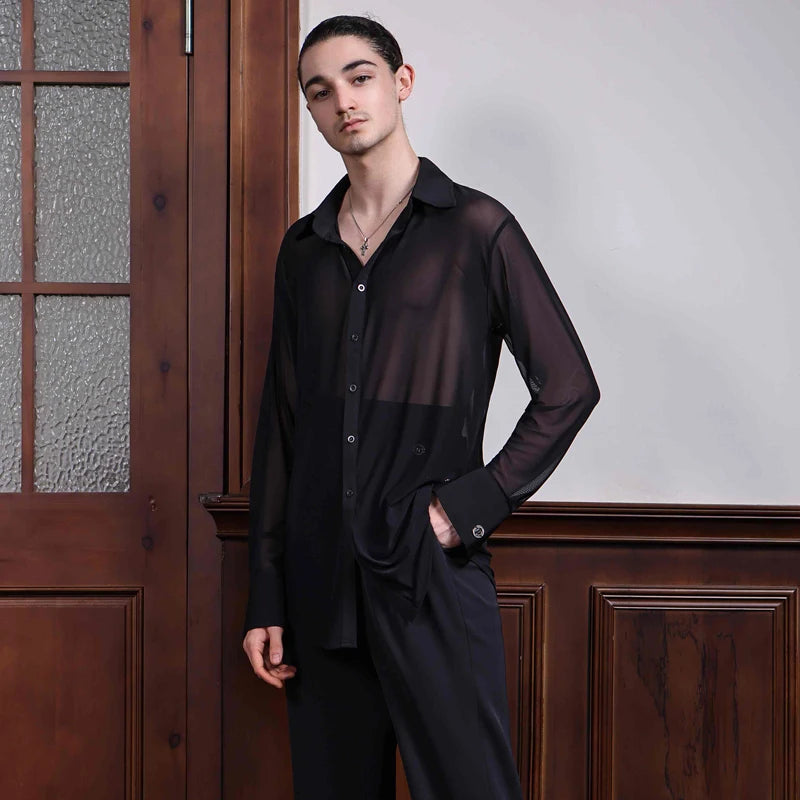Men's Black Sheer Mesh Long Sleeve Button-Down Dance Shirt for Ballroom