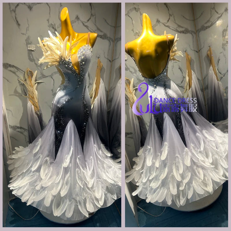 Ballroom Dance Dress Women's Ombre Gray Rhinestone Feather Long Gown