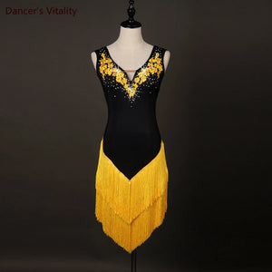 Women's Black & Neon Green Fringe Latin Dance Dress with Appliques & Rhinestones