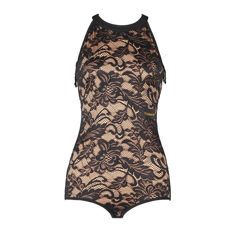Women's Black Lace Halter Bodysuit with Fringe Latin Dance Skirt