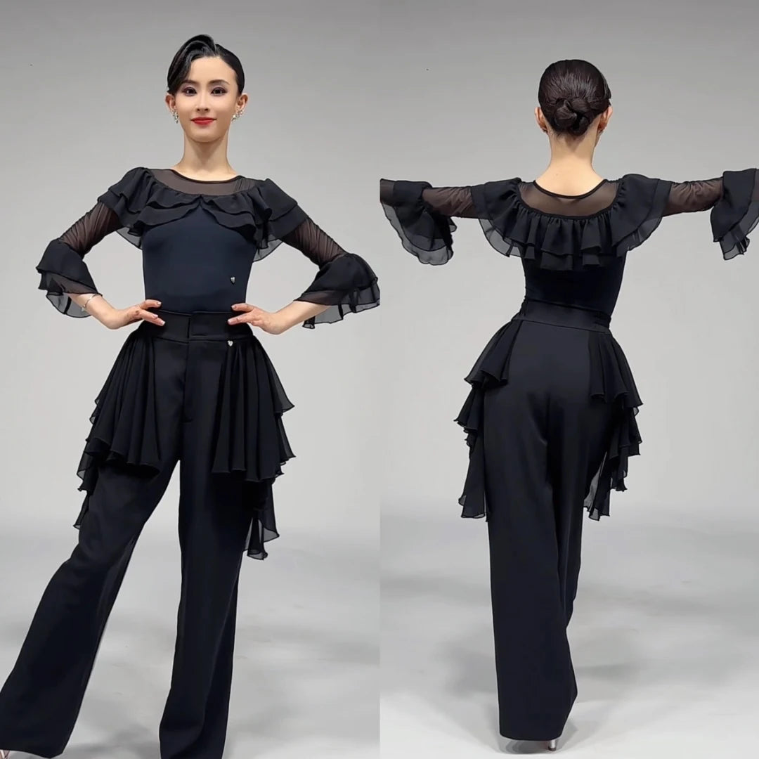 Women's Black Ruffled Mesh Long Sleeve Latin Ballroom Dance Top & Pants Set