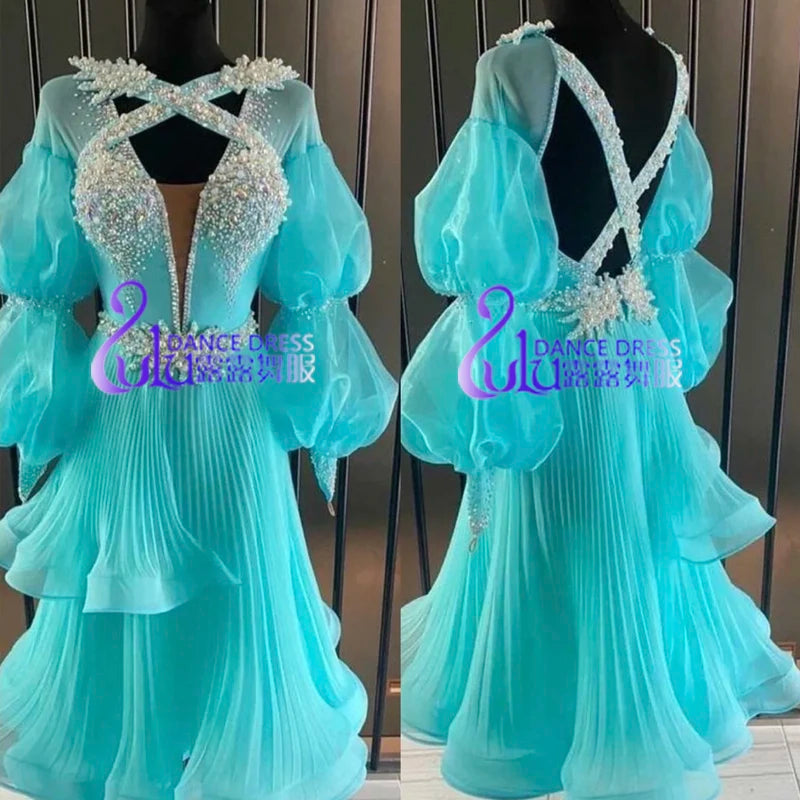 Women's Aqua Blue Ballroom Dance Dress, Pleated Organza Puff Sleeve, Rhinestone Beaded, Open Back
