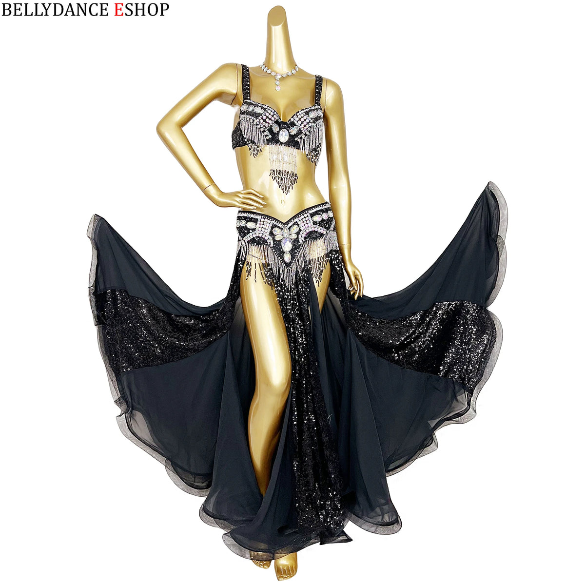 Belly Dance Costume Women Yellow & Gold Sequin Chiffon Bra Belt Skirt Set with Rhinestone Fringe