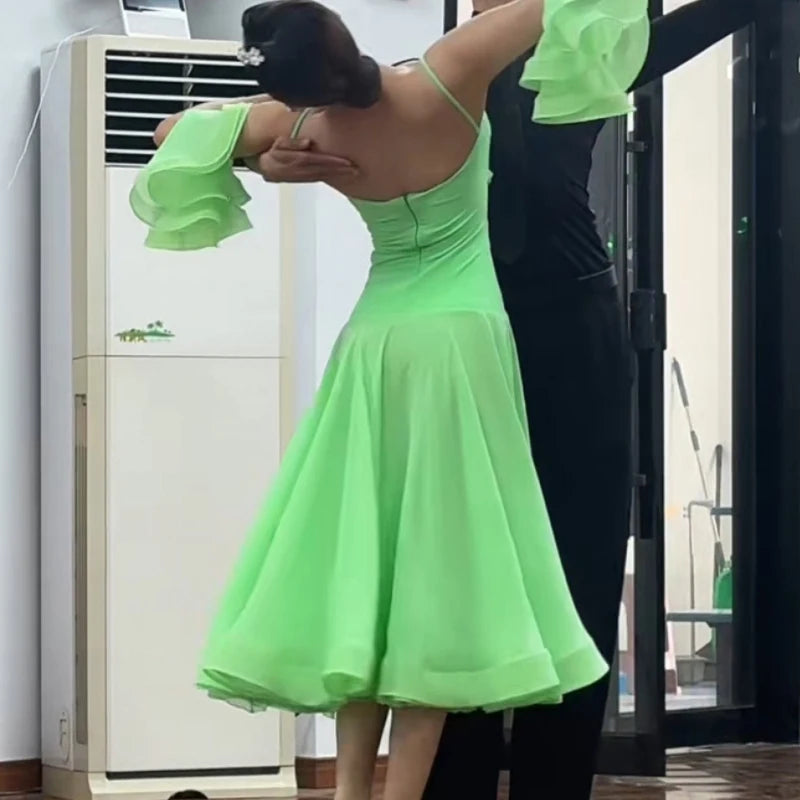 Women's Green Lace Mesh Ruffle Sleeve Ballroom Dance Dress, Women's Pink Lace Mesh Ruffle Sleeve Ballroom Dance Dress