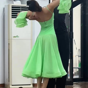 Women's Green Lace Mesh Ruffle Sleeve Ballroom Dance Dress, Women's Pink Lace Mesh Ruffle Sleeve Ballroom Dance Dress