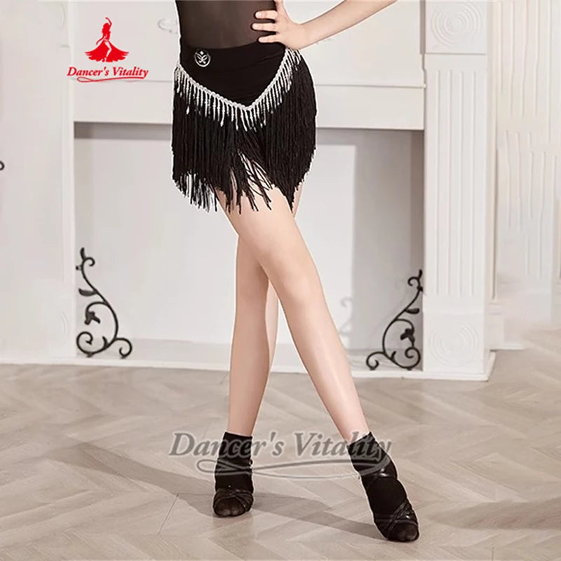 Girls' White & Black Mock Neck Mesh Pearl Latin Dance Dress with Ruffled Skirt