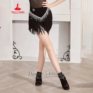 Girls' White & Black Mock Neck Mesh Pearl Latin Dance Dress with Ruffled Skirt