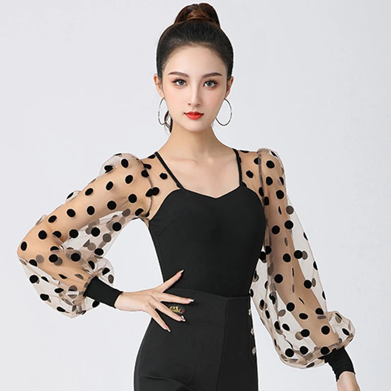 Women's Black Polka Dot Mesh Sleeve Latin Dance Top