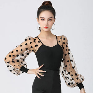 Women's Black Polka Dot Mesh Sleeve Latin Dance Top
