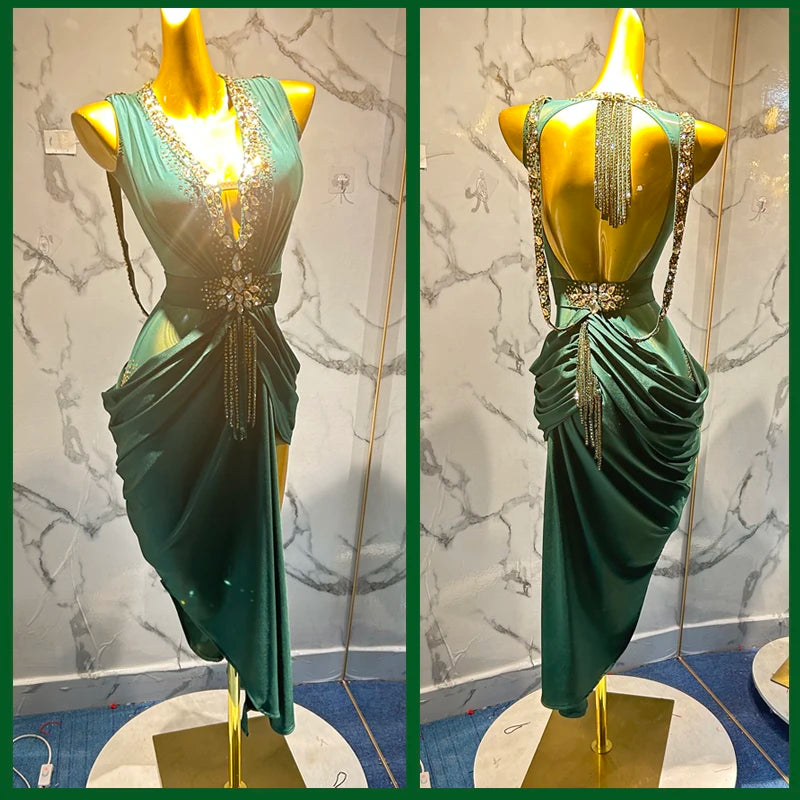 Women's Green Embellished V-Neck Ruched Asymmetrical Hem Latin Dance Dress