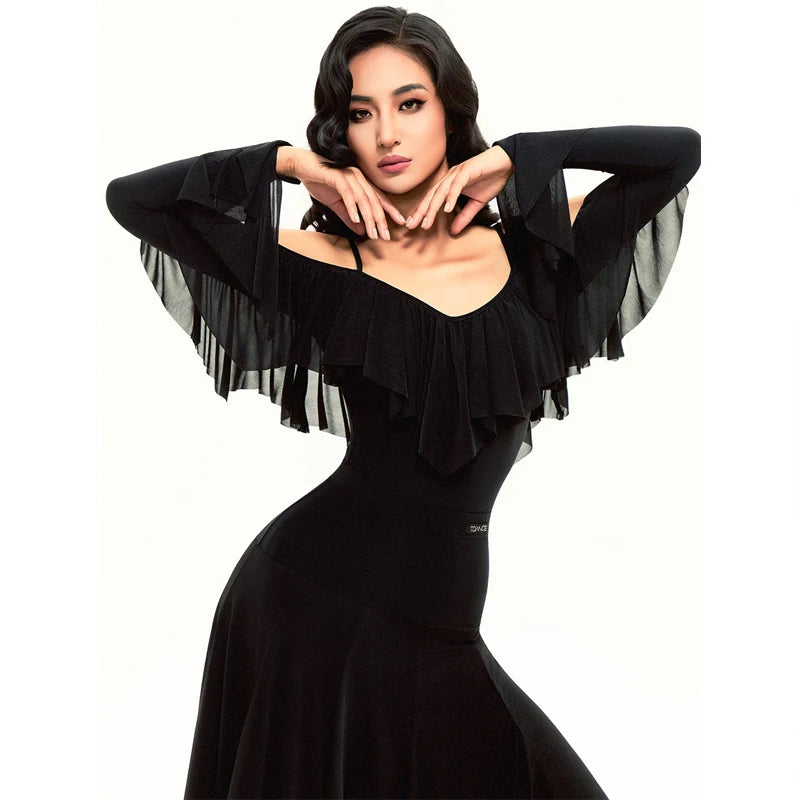 Women's Black Ruffled Cold Shoulder Mesh Ballroom Dance Dress