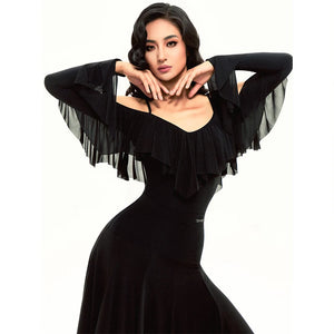 Women's Black Ruffled Cold Shoulder Mesh Ballroom Dance Dress