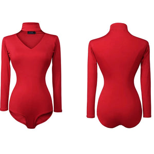 Women's Red Long Sleeve V-Neck Bodysuit with Choker Neckline, Ballroom Dance
