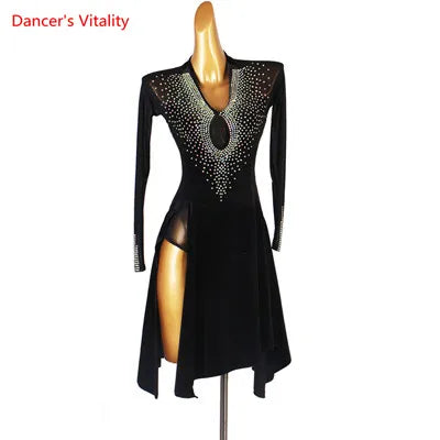 Latin Dance Dress Women Black Rhinestone Mesh Long Sleeve Keyhole Velvet Slit Skirt