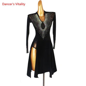 Latin Dance Dress Women Black Rhinestone Mesh Long Sleeve Keyhole Velvet Slit Skirt