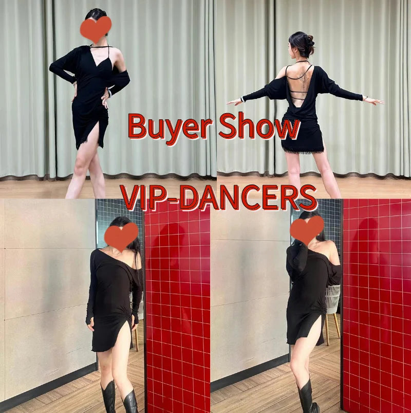 Women's Black Halter Neck Dolman Sleeve Fringe Hem Latin Dance Dress