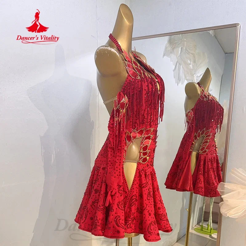 Latin Ballroom Dance Dress With Tassel Fringe Customizable For Adults And Kids Competition Or Performance