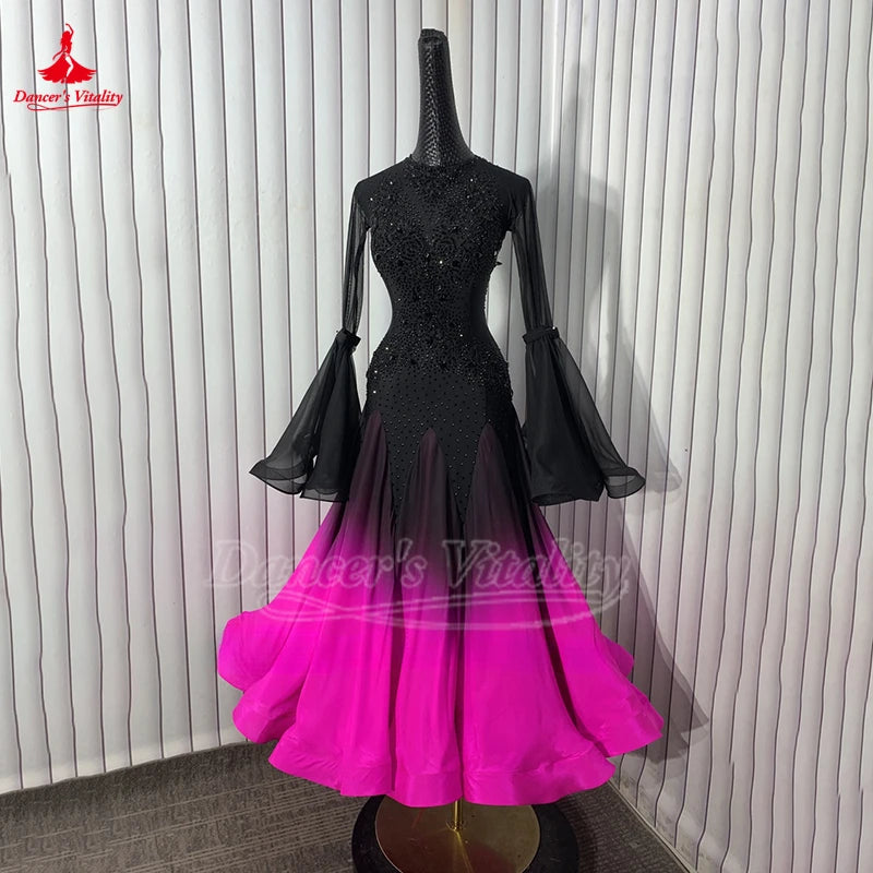 Adult Social Dance Long Sleeve Gradual Change Color Big Swing Dress Blackpool Dance Festival Standard Waltz Professional Costume