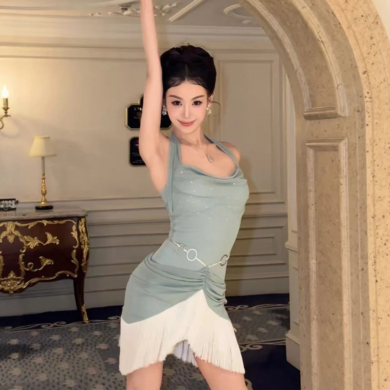 Women's Sage Green Halter Cowl Neck Ruched Fringe Mini Latin Dance Dress