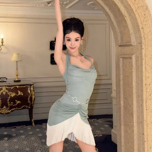 Women's Sage Green Halter Cowl Neck Ruched Fringe Mini Latin Dance Dress