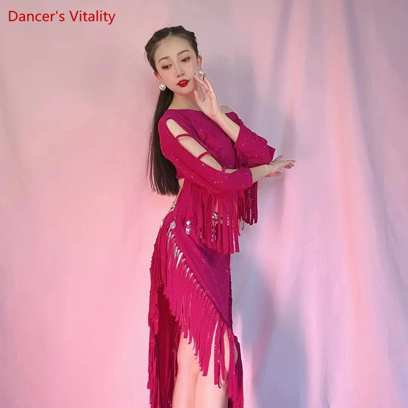 Women's Fuchsia Sequin Fringe Off-Shoulder Crop Top & Skirt Belly Dance Costume