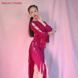 Women's Fuchsia Sequin Fringe Off-Shoulder Crop Top & Skirt Belly Dance Costume