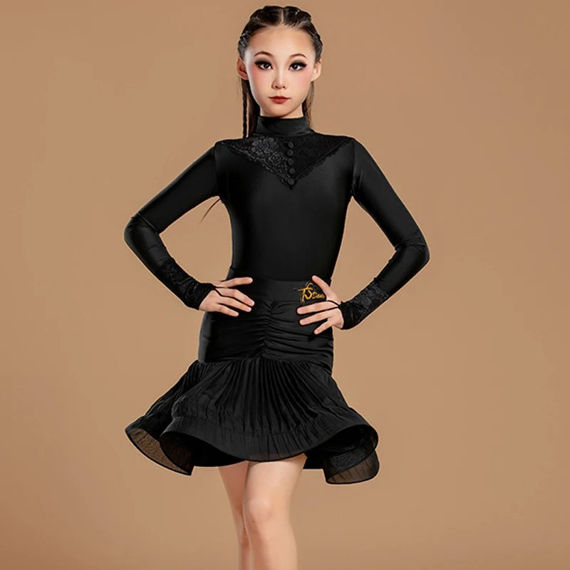 Girls' Black Ballroom Dance Dress with Lace Neckline and Ruched Waist, Long Sleeve Latin Dance Skirt