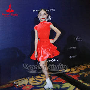Kids Latin Dance Dress Red Short Sleeve Ruffled Skirt Performance Ballroom Competition Costume