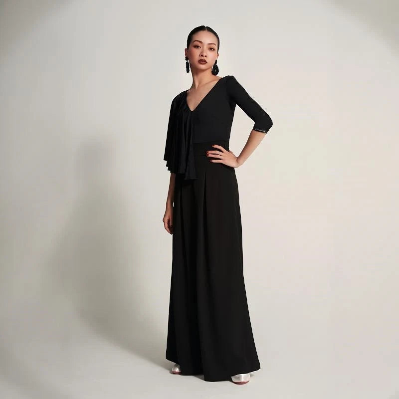 Women's Black V-Neck Long Sleeve Top and Wide-Leg Pants Set, Pleated, Ballroom Dance