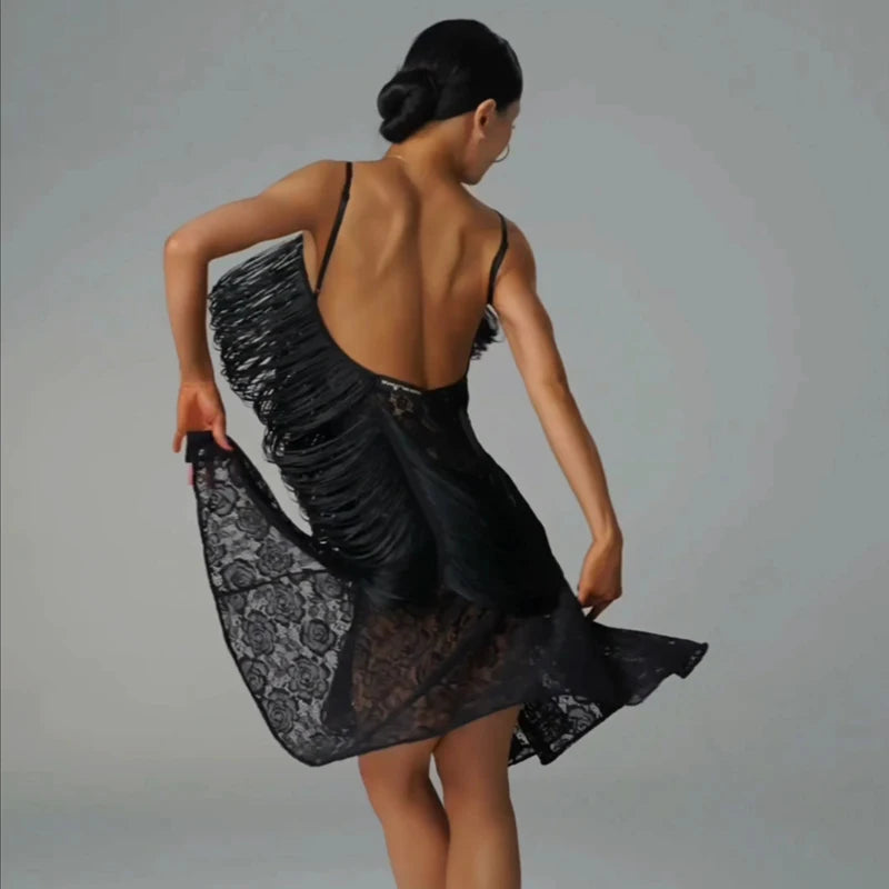 Women's Black Fringe & Lace Latin Rhythm Dance Dress