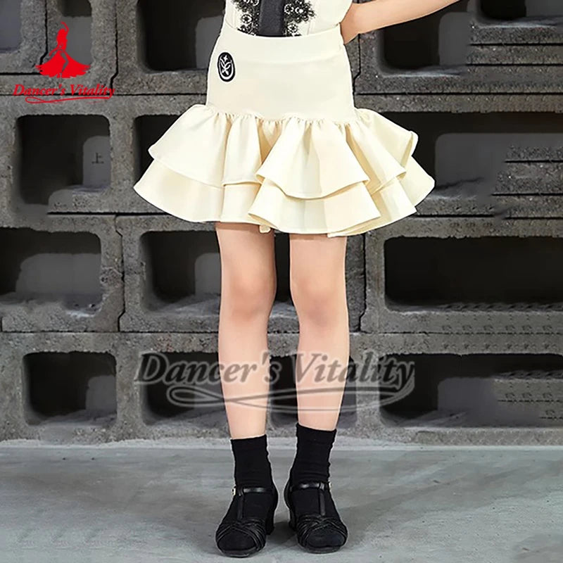 Girls' Ivory & Black Lace Spaghetti Strap Ruffle Latin Dance Dress