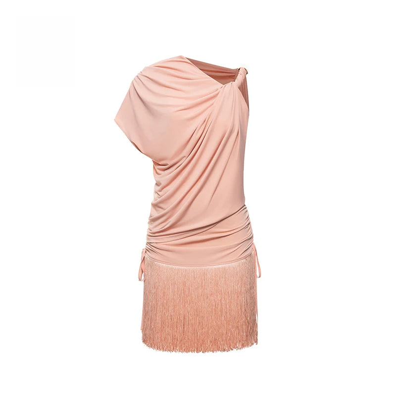 Women's Blue One-Shoulder Ruched Fringe Latin Dance Dress