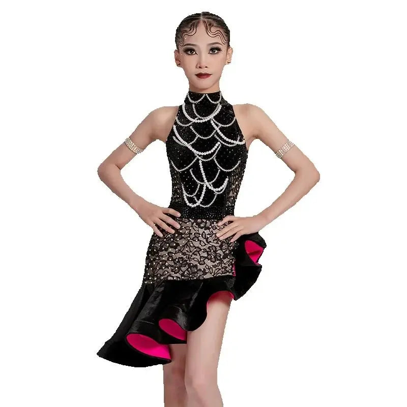 Dance Dress Girls Black and Beige Lace Beaded Halterneck Ruffled Latin Ballroom