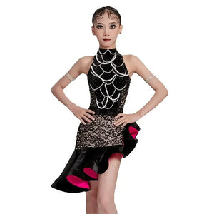 Dance Dress Girls Black and Beige Lace Beaded Halterneck Ruffled Latin Ballroom