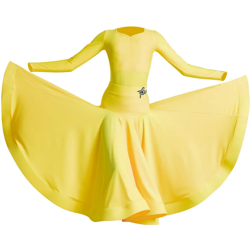 Girls' Latin Dance Dress, Lilac and Yellow Long Sleeve V-Neck Ballroom Performance Costume