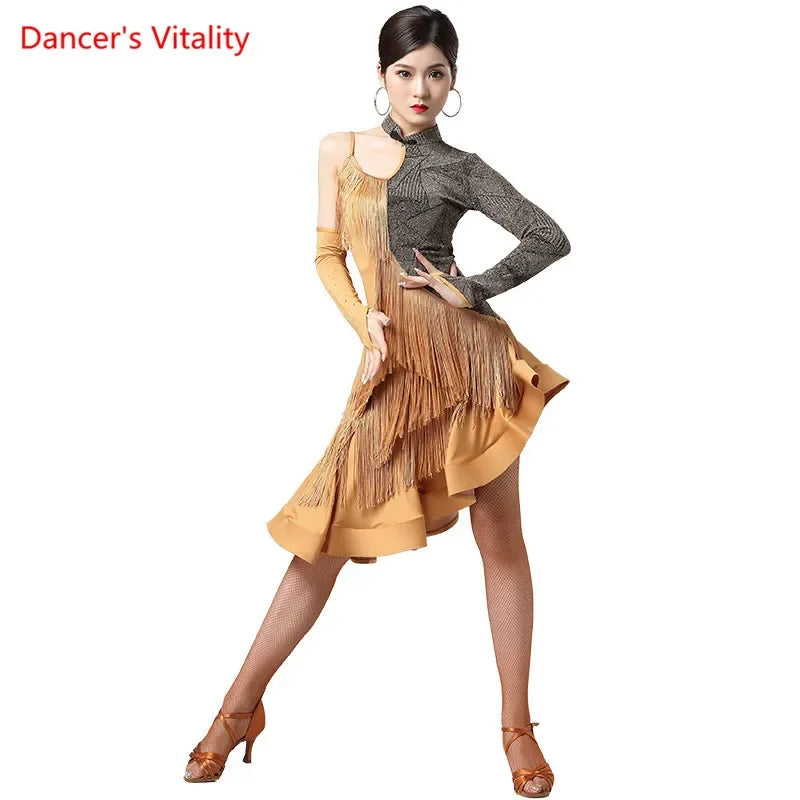 Women's Gold & Grey Asymmetrical Fringe Latin Dance Dress with Long Sleeves