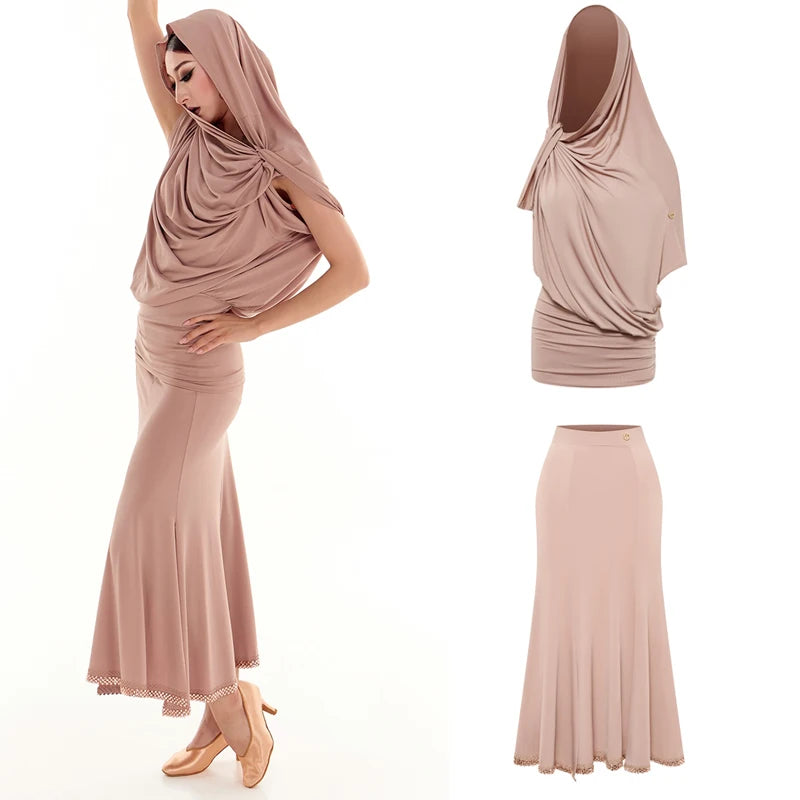 Women's Beige Modest Dance Top & Skirt Set, Draped Lycra, Latin Ballroom