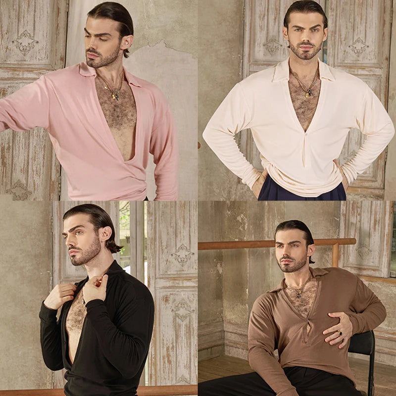Men's Long Sleeve Deep V-Neck Dance Shirt, Black/Pink/Cream/Brown, Polyester/Spandex Blend, Latin/Ballroom Dance