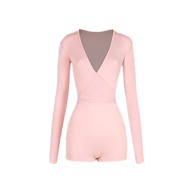 Women's Pink V-Neck Long Sleeve Bodysuit with Ruffled Sequin Wrap Skirt Latin Dance Dress