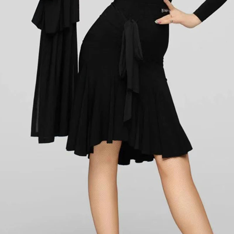 Women's Black & White One-Shoulder Ruched Latin Dance Dress with Flowing Sleeves