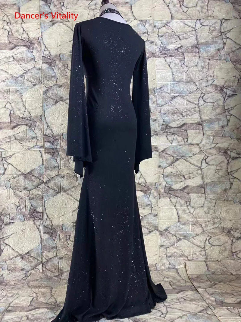 Women's Black Embellished Long Sleeve Glitter Mermaid Ballroom Dance Dress