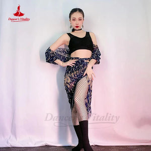 Belly Dance Costume Women's Leopard Print Chiffon Long Sleeve Crop Top and Slit Skirt Set with Fishnet Tights