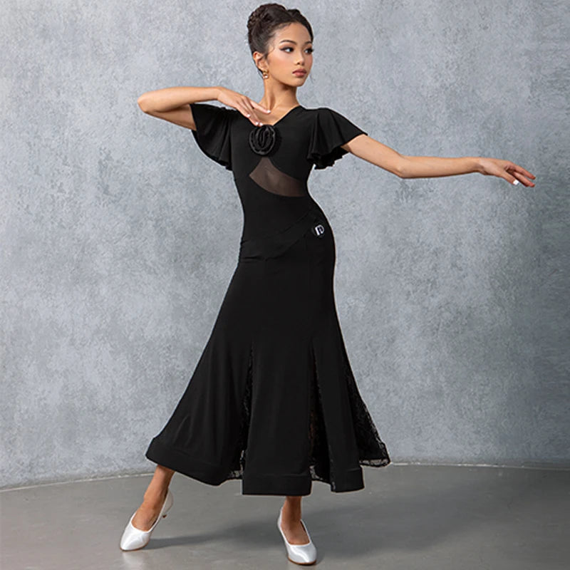 Women's Black Mesh & Ruffle Sleeve Ballroom Dance Dress with Floral Applique